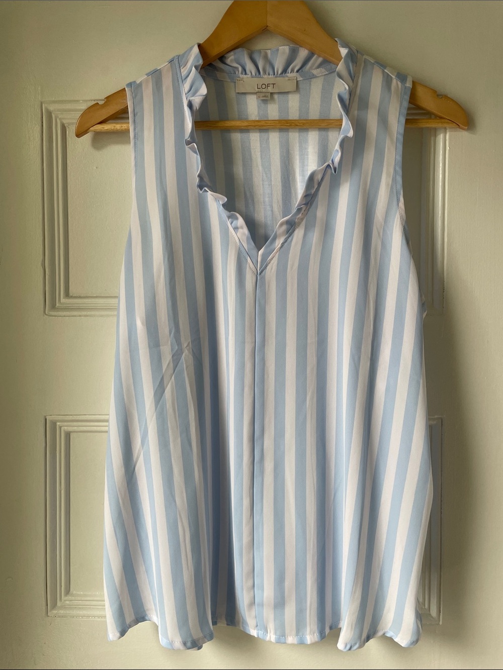 LOFT Light Blue & White Striped Ruffle V-Neck Sleeveless Top